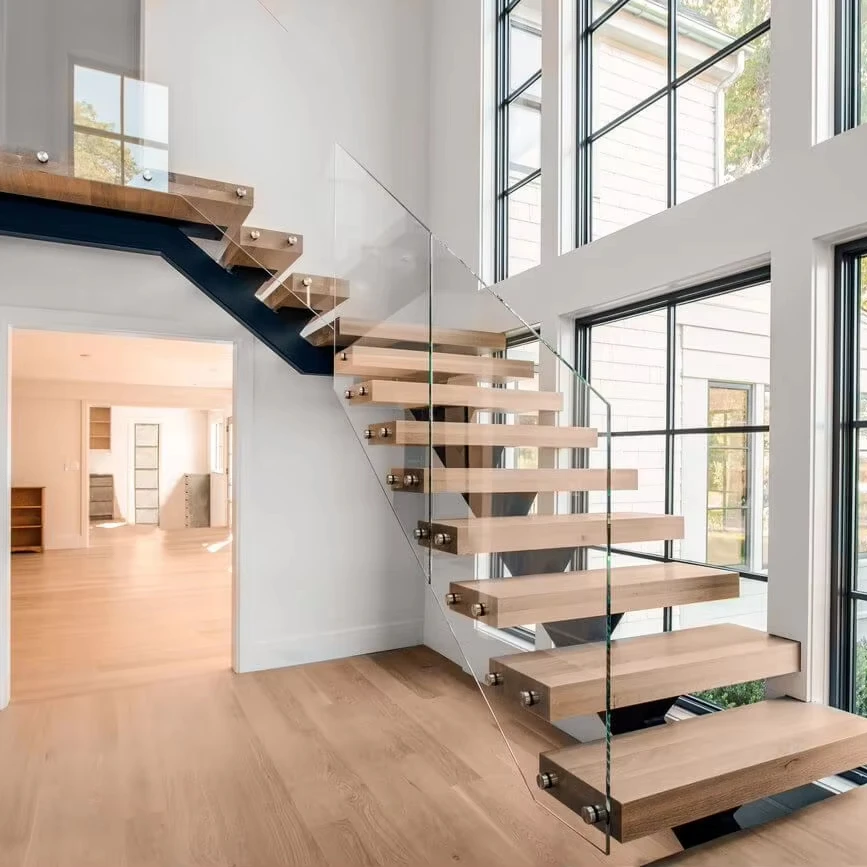 DBM straight staircase modern carbon steel mono beam beech/oak wood tread stairs indoor/staircase design for houses