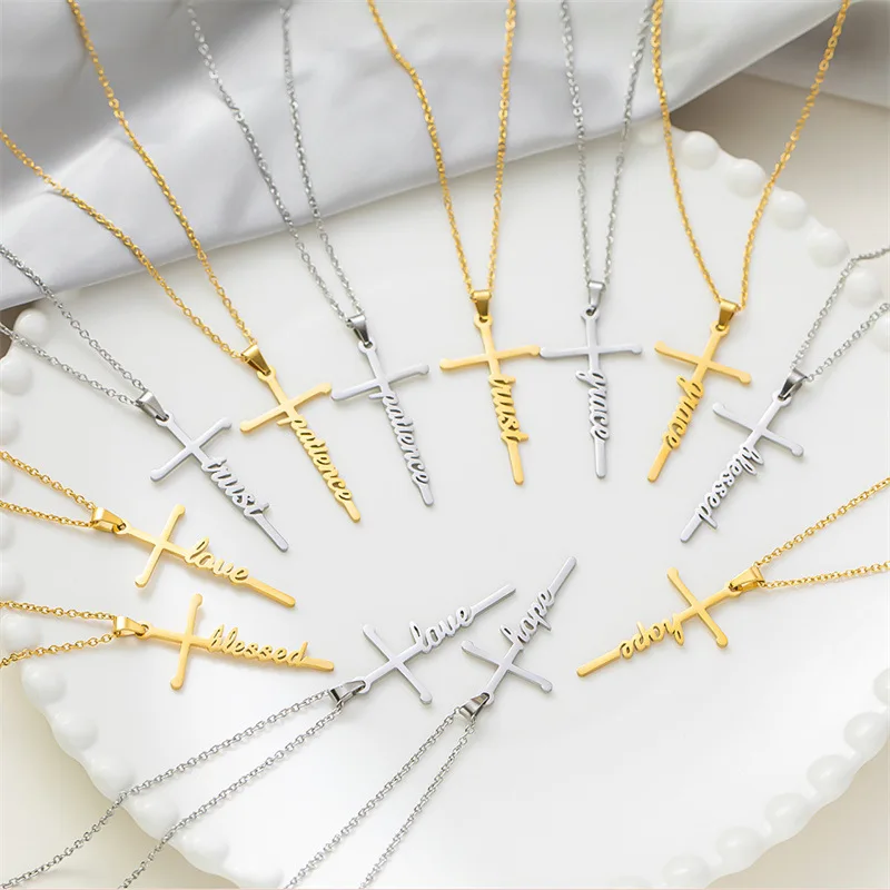 G2819Wholesale Collier Croix Titanium Stainless Steel Trust Patience Hope Blessed Faith Cross Pendant Religious Necklace Jewelry