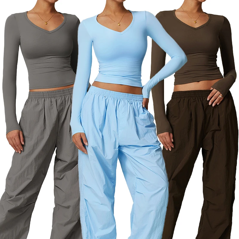 DCX8694-2 Women Sexy V Neck  Long Sleeves Fitness Crop Top Yoga Tops Comfortable Outdoor Activewear