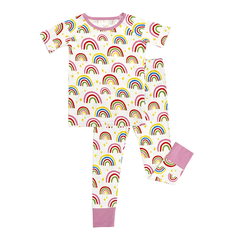 Hot Sale Customized Print Kids Pajamas Organic Bamboo Fiber Short Sleeve Sleepwear Super Soft  Two Pieces Children Clothes Set