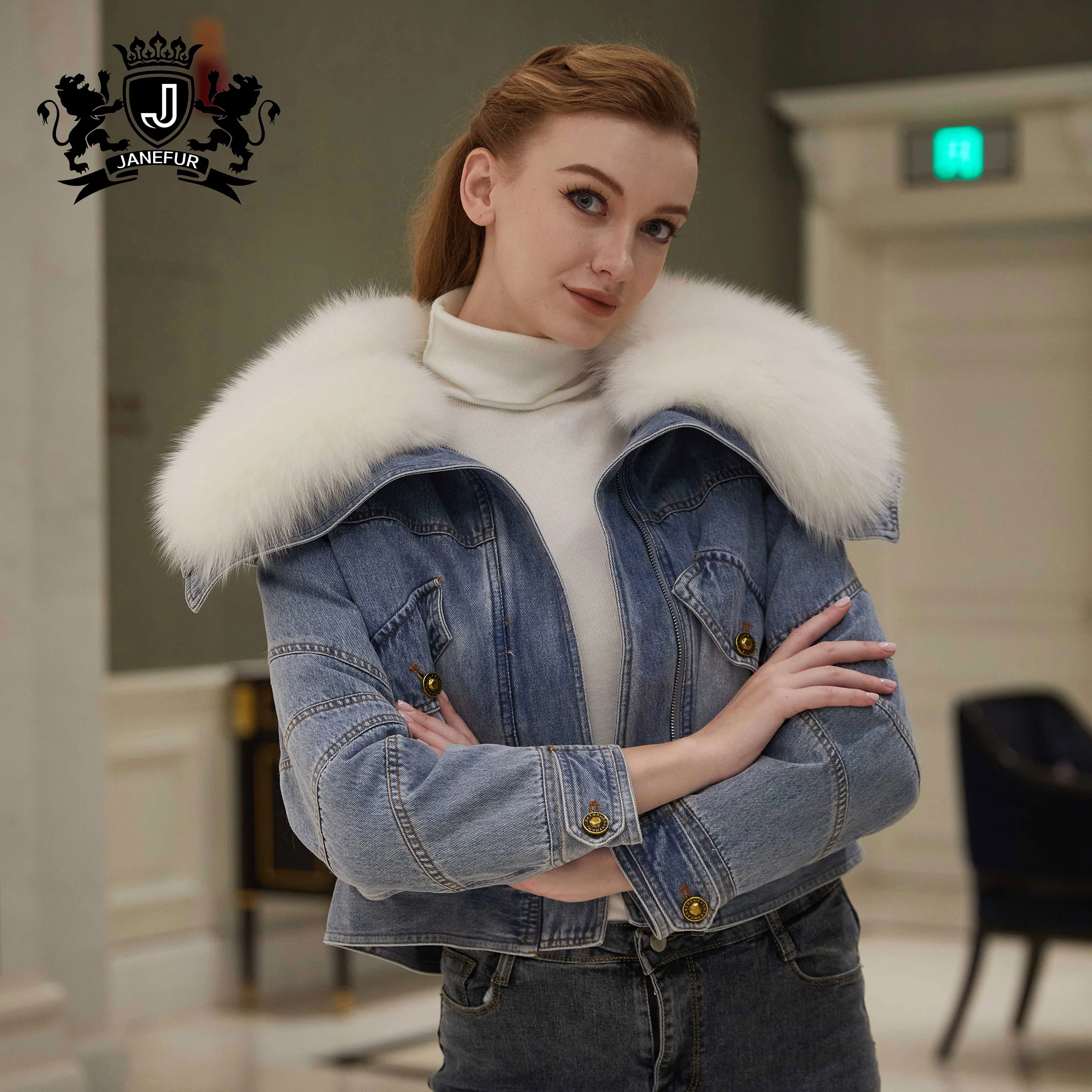 Janefur Winter Warm Loose Down Jacket Womens Large Fox Fur Collar Denim Down Jacket for Women