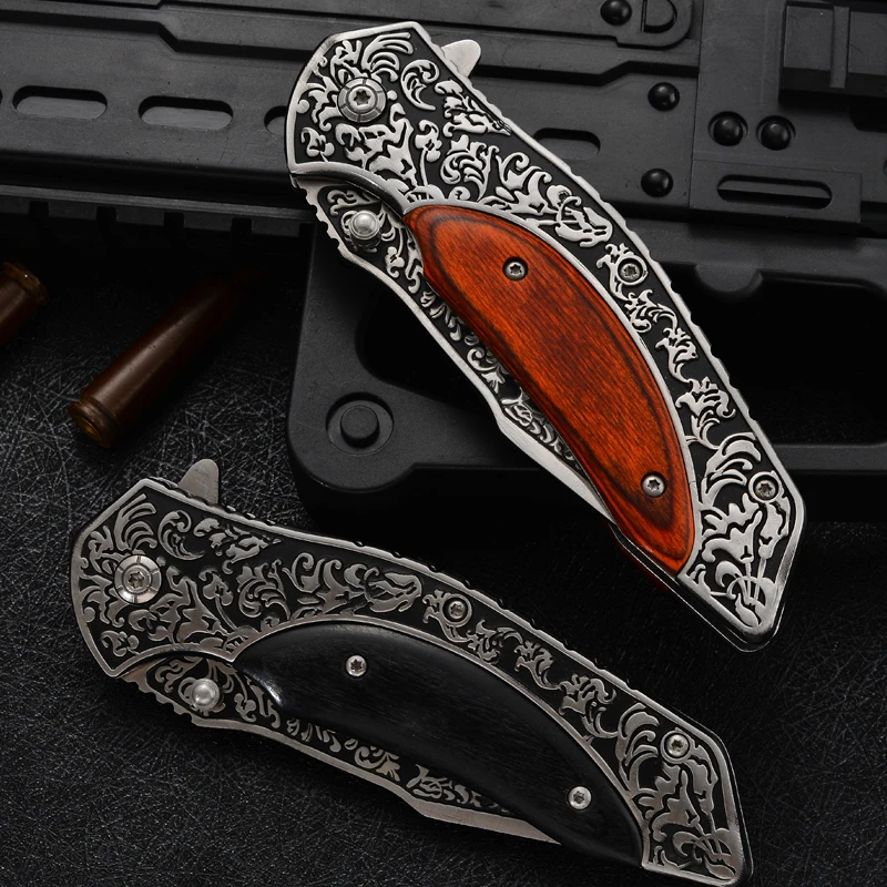 Free Sample Wholesale Outdoor Field Fold Self Defense Survival Camping Wooden Blank Pocket Knife With Flower Texture Carving