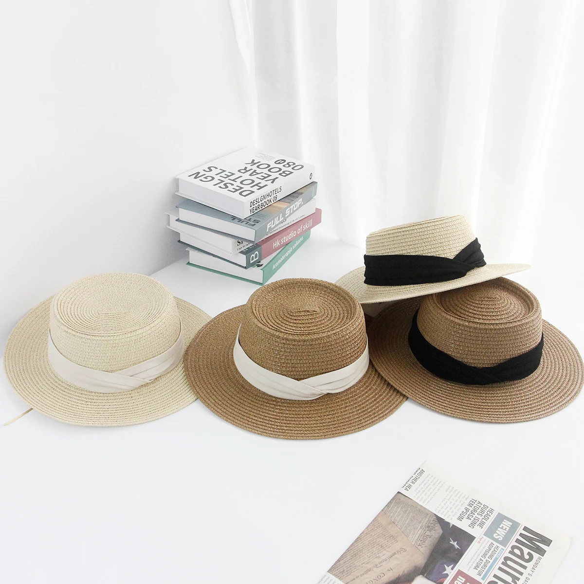 Outdoor Flat Top white black Ribbon Narrow Brim Flat Top Sun Boater Beach Hats Round  Bucket Hat