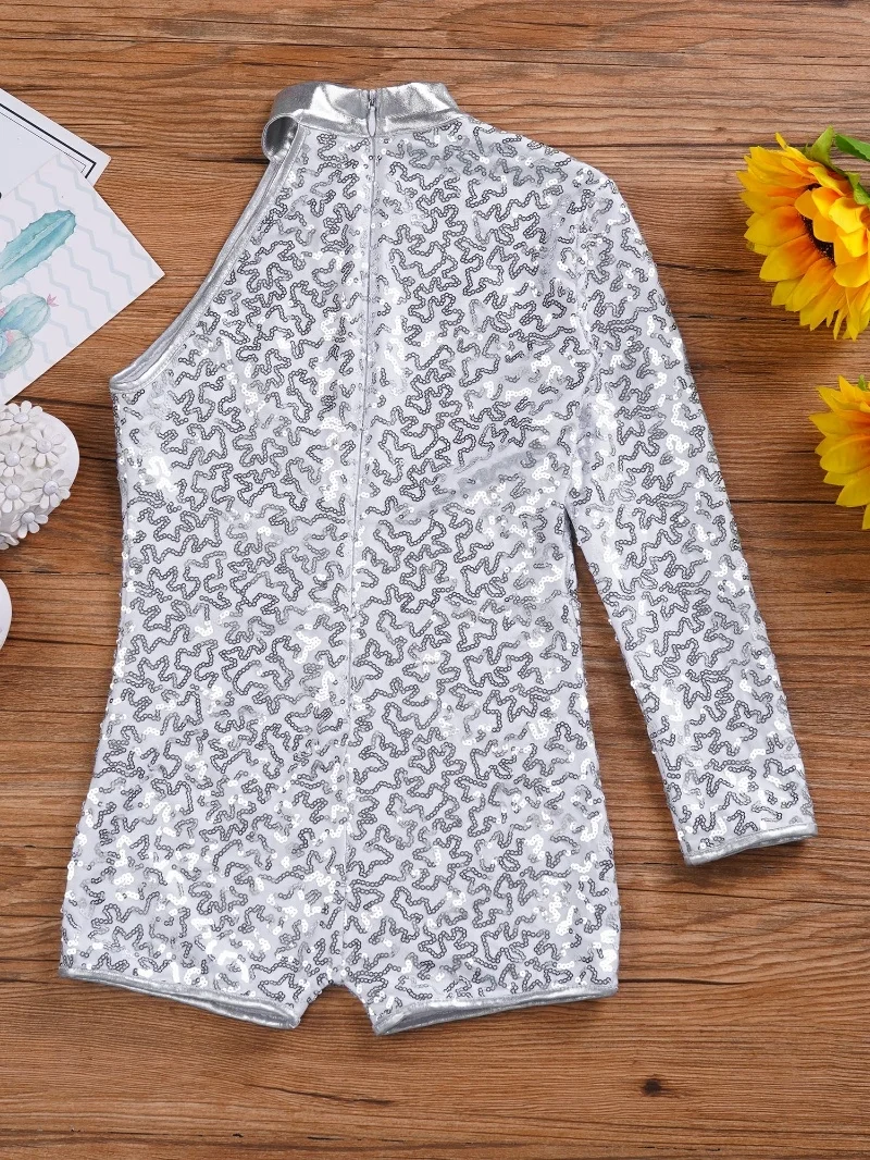 Shiny Sequin Jazz Dance Costumes Hip Hop Dance Dress Leotards Professional Single Long Sleeve for Kids Sets Performance 4 Colors