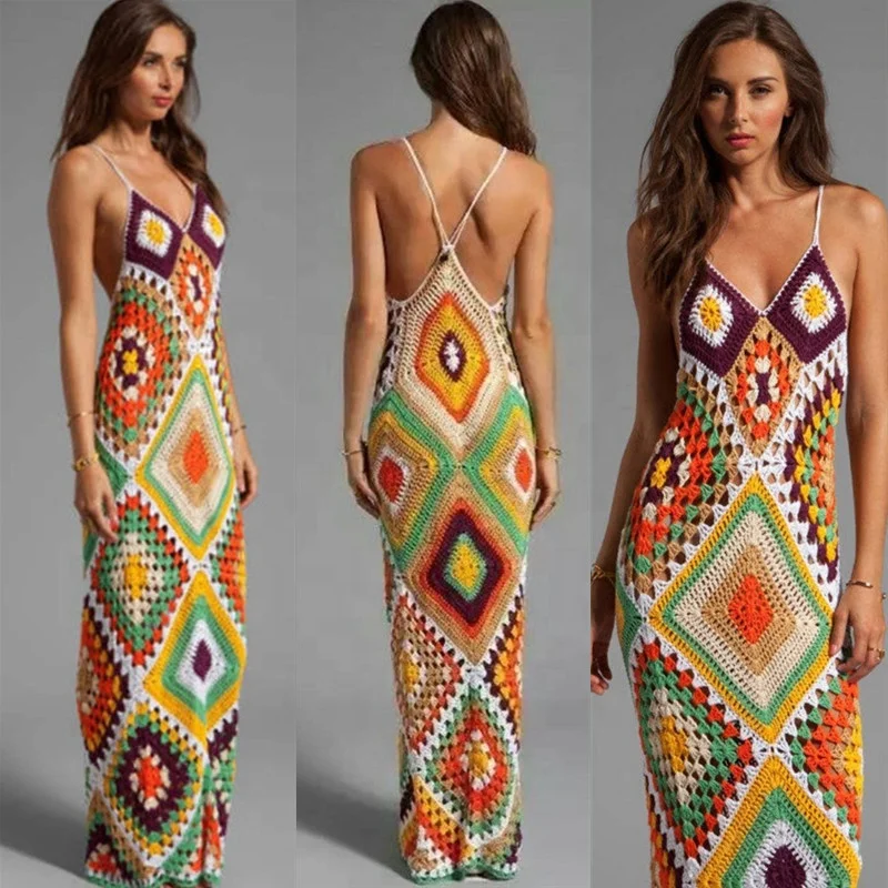 Novelty Sexy Sleeveless Beach Wear Long Dresses Bohemia Summer Beach Crochet Knit Dress Women dropshipping wholesale