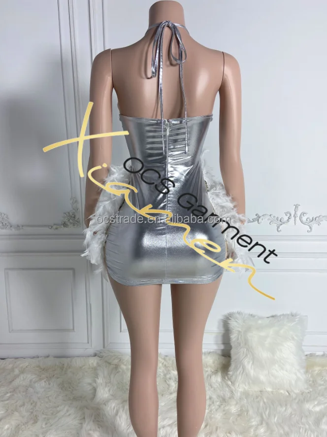 Ocstrade White Ostrich Feather Diamond Dress Elegant Women Birthday Party Dresses Women Sexy Silver Rhinestones Club Dress