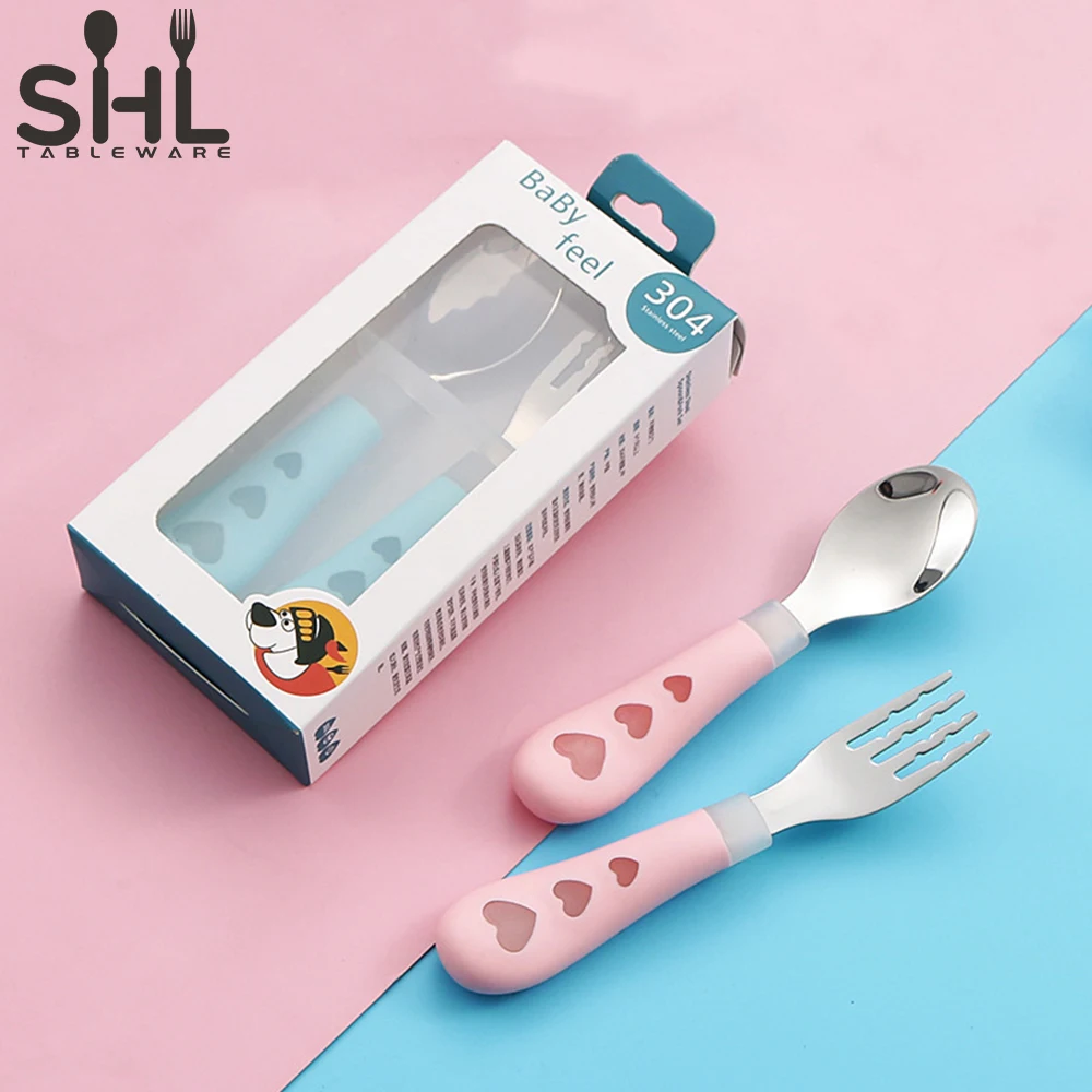 Wholesale Stainless Steel Plastic Handle Flatware Outdoor School Eating Cute Children Safe Spoon Fork Kid Cutlery Set With Box