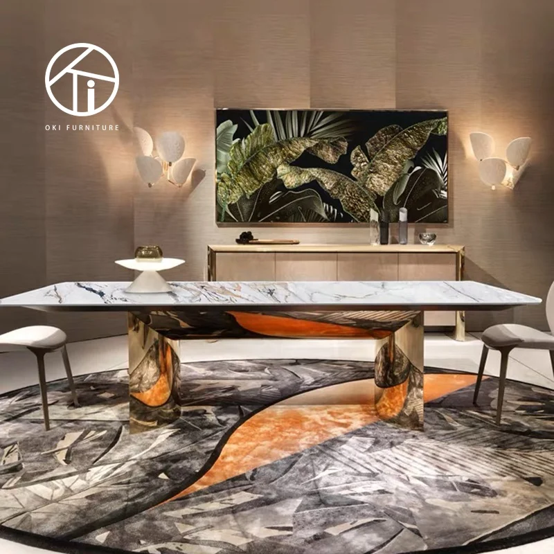 Italian Hight quality  rectangle modern dinning tables 6 chairs furniture dining room marble metal luxury dining table set