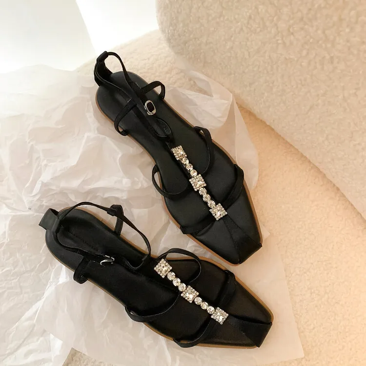 XINZI RAIN 2024 Elegant Female Sandals Square Toe Silk Satin T Strap Women Flat Sandals With Rhinestone