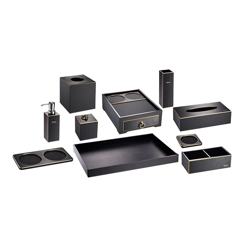 Modern Black Hotel Balfour Resin Bathroom Set Brushed Aluminum Gloss Black Comfort Tray Custom Logo Hotel Amenities