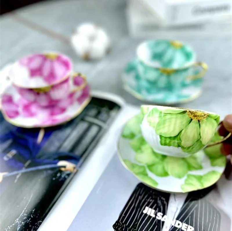 220ml low moq high quality trending pretty colored flower print porcelain nordic ceramic coffee mug tea cup and saucer set
