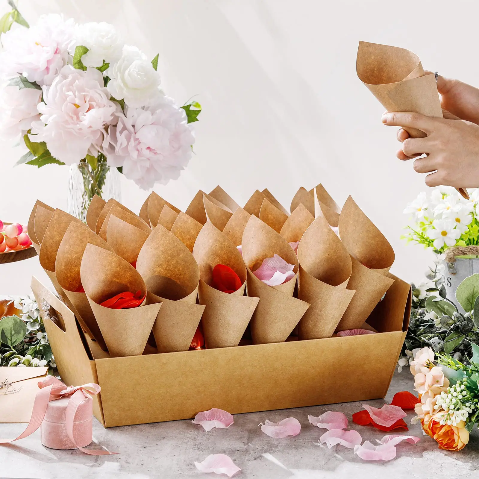 Custom Wedding Confetti Cone Kraft Paper Stand Tray Cone Holder Box