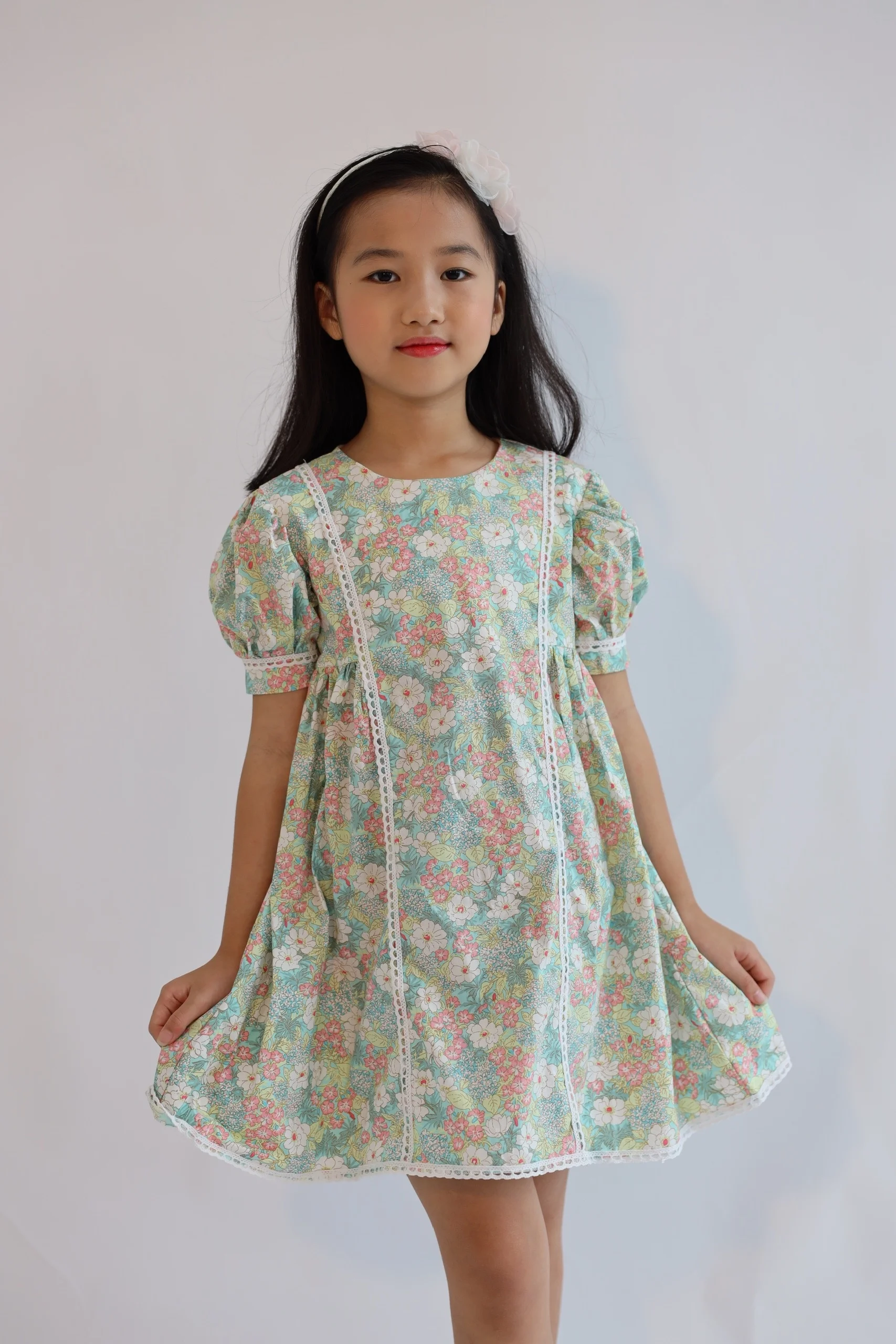  Мятное цветочное повседневное детское платье летняя Милая повседневная детская одежда для девочек