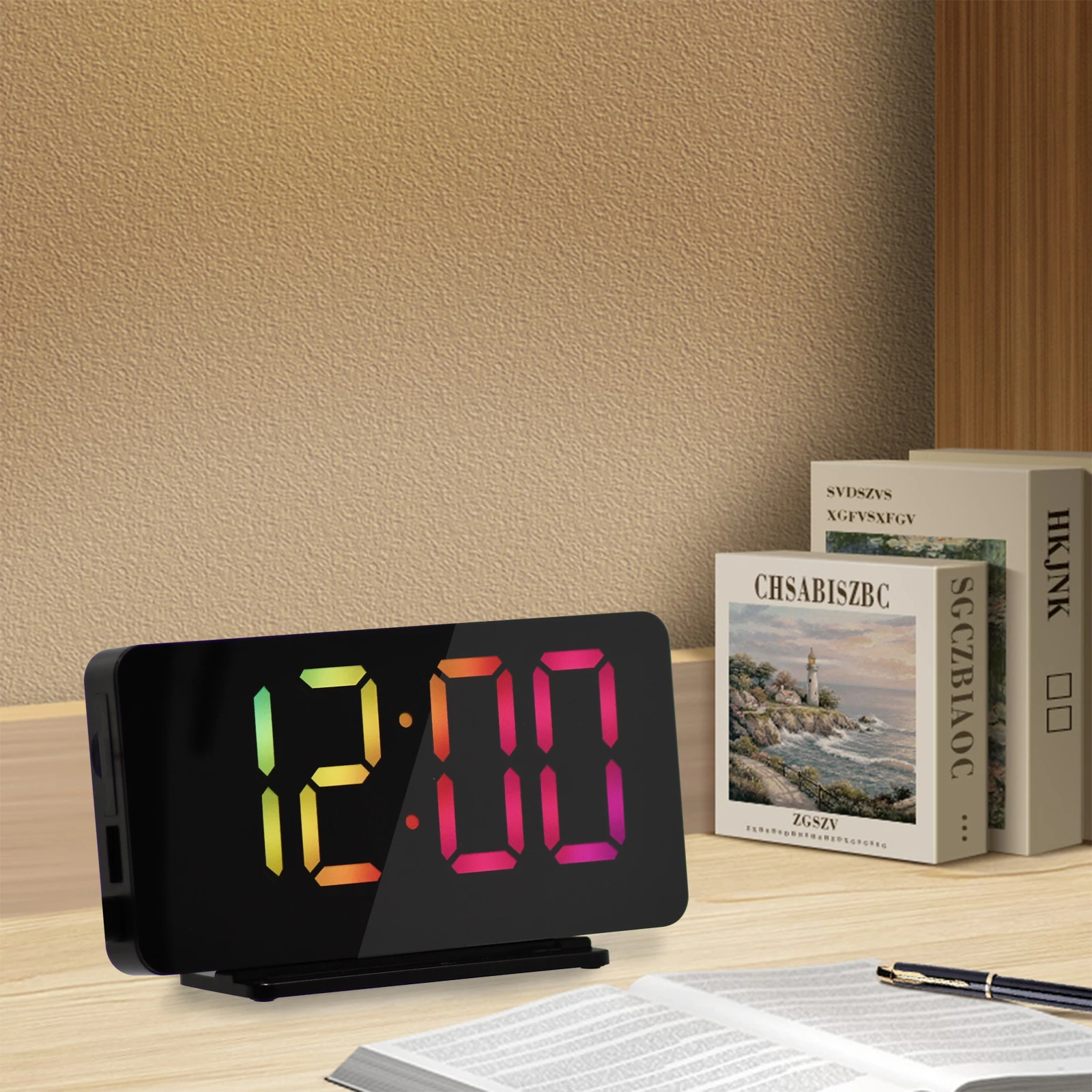 Double Alarm with Snooze  Radio Voice Adjustable LED  Time Memory Mirror Rectangle Colorful Display  Clock