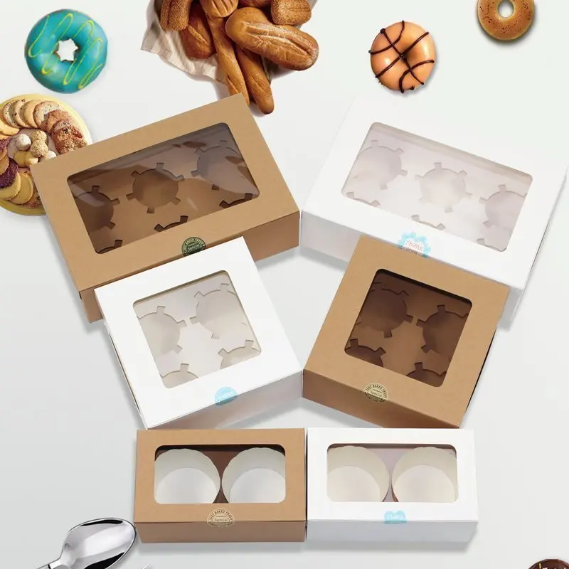 Multiple sizes disposable custom printed cup cake packaging boxes bakery bread cake takeout paper boxes with transparent windows
