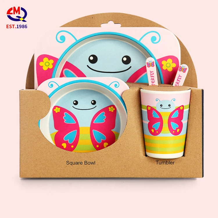 Eco friendly children tableware 5pcs healthy dinner set adorable children bamboo fiber biodegradable tableware kid set for kids