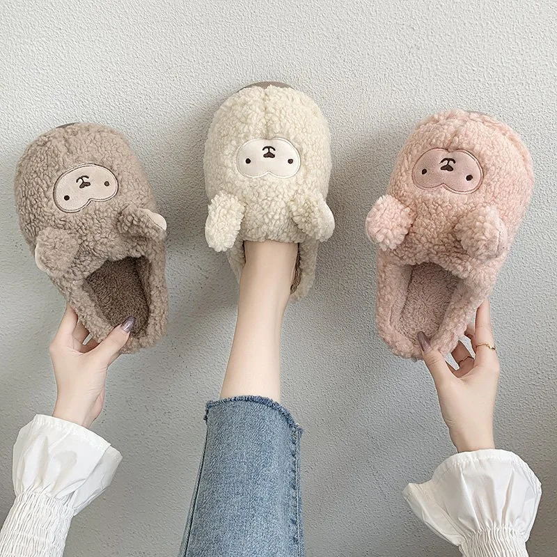 Wholesale plush big head ear home slippers cute Korean style plush warm flat cotton slippers