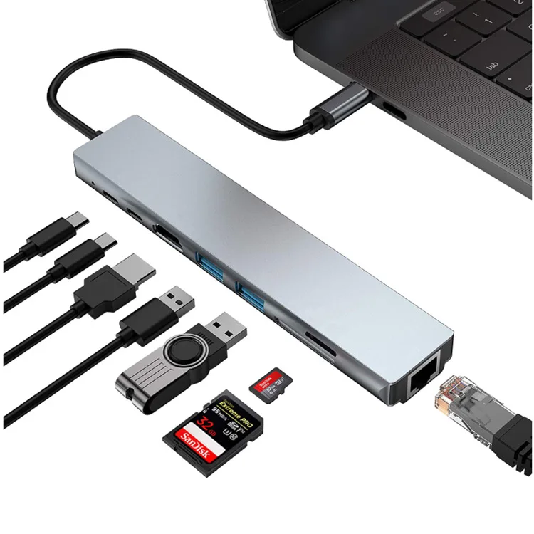 8 In 1 EN Ports PD PC 4K HD TF Card Multiport Adapter Usbc 2.0 3.0 Usb3.0 Type-C Usb-C Laptop Type C Docking Station Usb Hub
