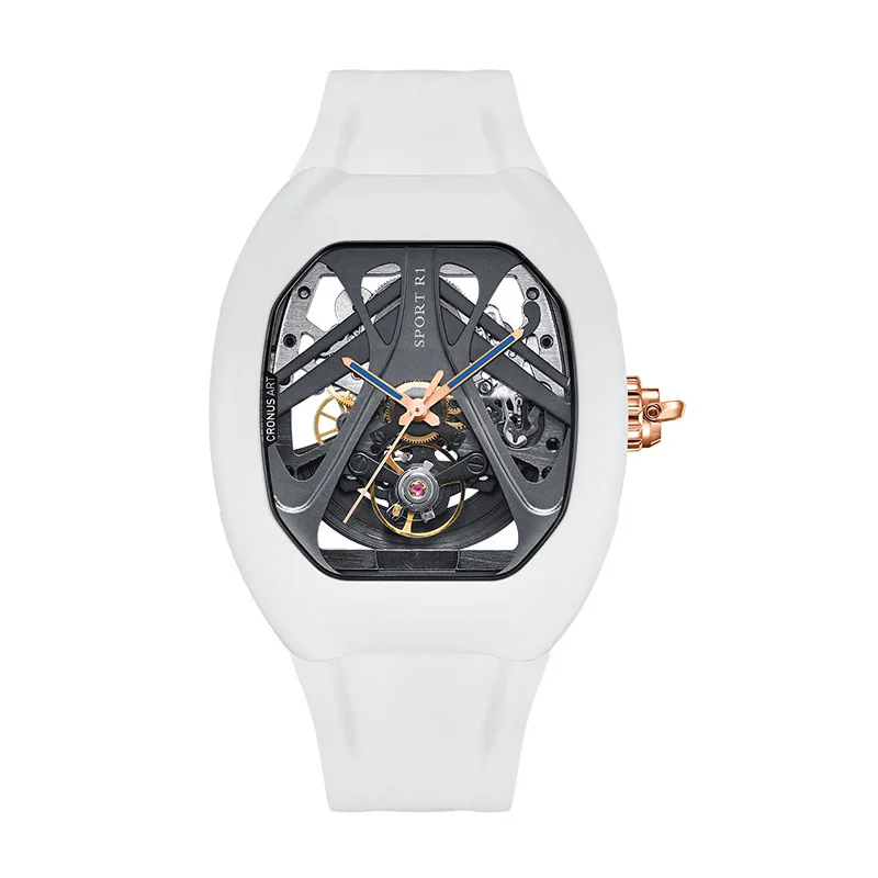 white Automotive Design Style streamline 365l steel case Double sided sapphire mirror Luxury mechanical watch With  rubber strap