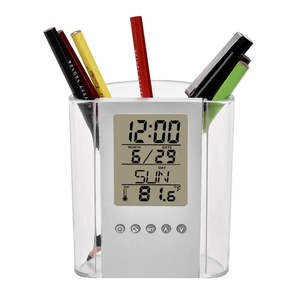 Desktop Perpetual Calendar Temperature LCD Electronic Nurse Pen Holder with Alarm Clock for Home Office