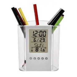 Desktop Perpetual Calendar Temperature LCD Electronic Nurse Pen Holder with Alarm Clock for Home Office