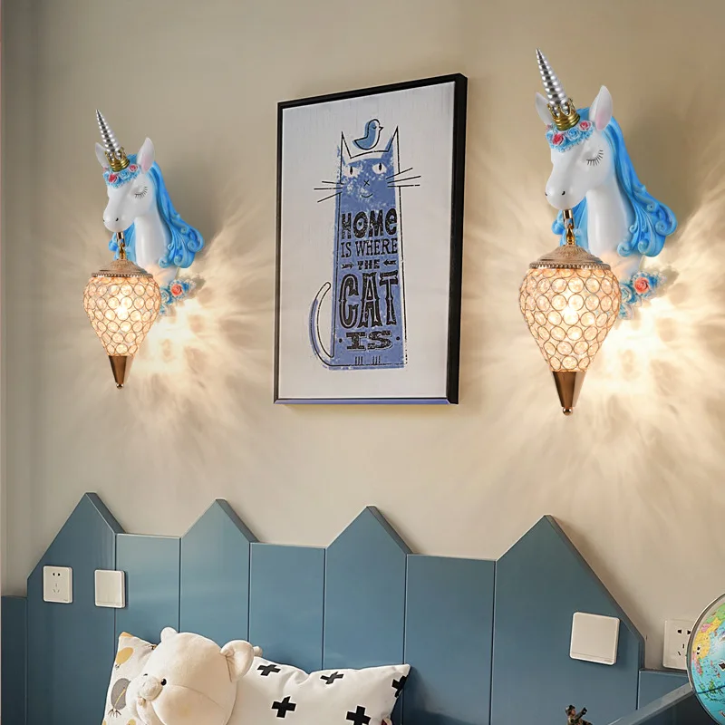 Nordic Simple Lovely Unicorn Led Wall Lamp Bedroom Bedside Lamp Girl Pink Creative Room Sconce Wall Lights Cartoon Unicorn Lamp