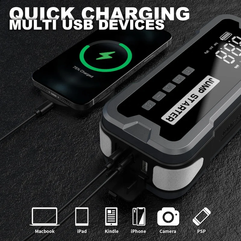 Portable  super capacitor jumper battery pack car booster lithium power bank jump starter with air compressor