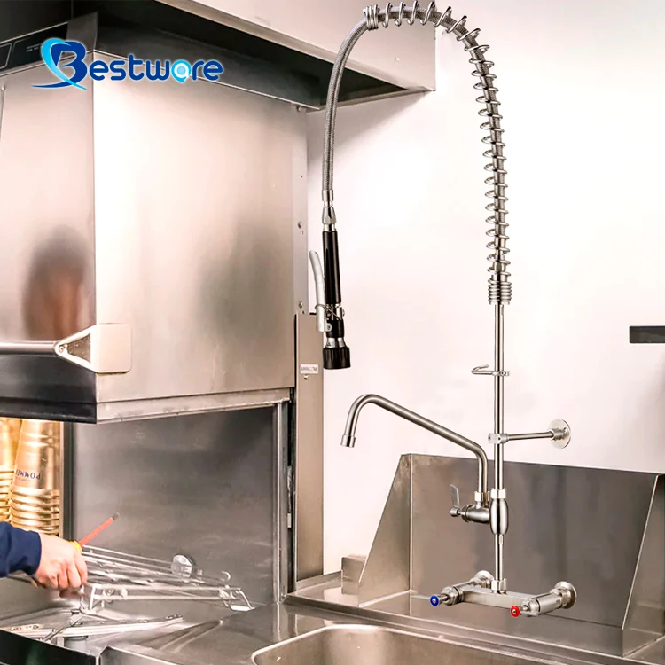 Modern Design Stainless Steel Dual Handle Kitchen Sink Faucet 2-Hole Wall Mount Pull-Down Sprayer Water Saver for Hotels