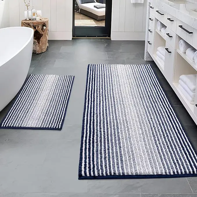 Navy Striped Cationic Chenille Bath Mats Hot Melt Adhesive Bottom Bath Rugs Washable Eco-Friendly Bath Mat