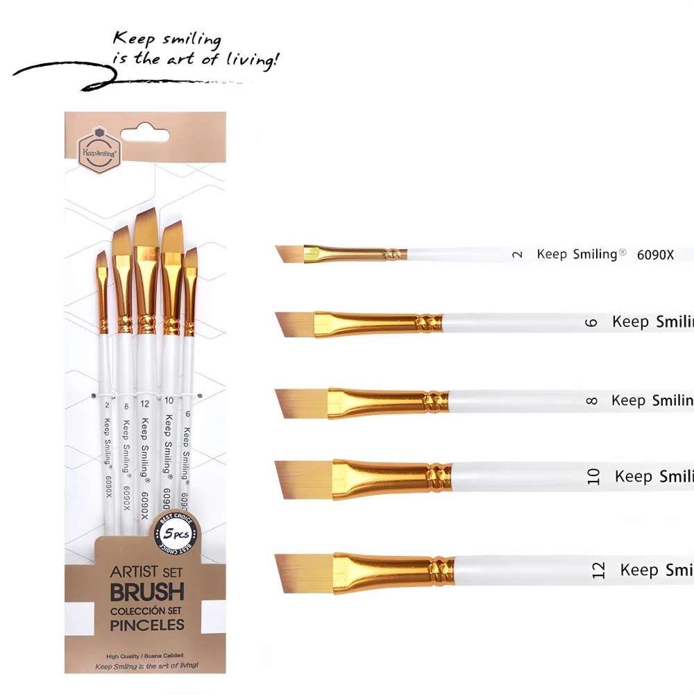 Keep Smiling 5pcs Skew Peak Head Nylon Hair Wooden Handle Watercolor Paint Brush For Watercolors Gouache