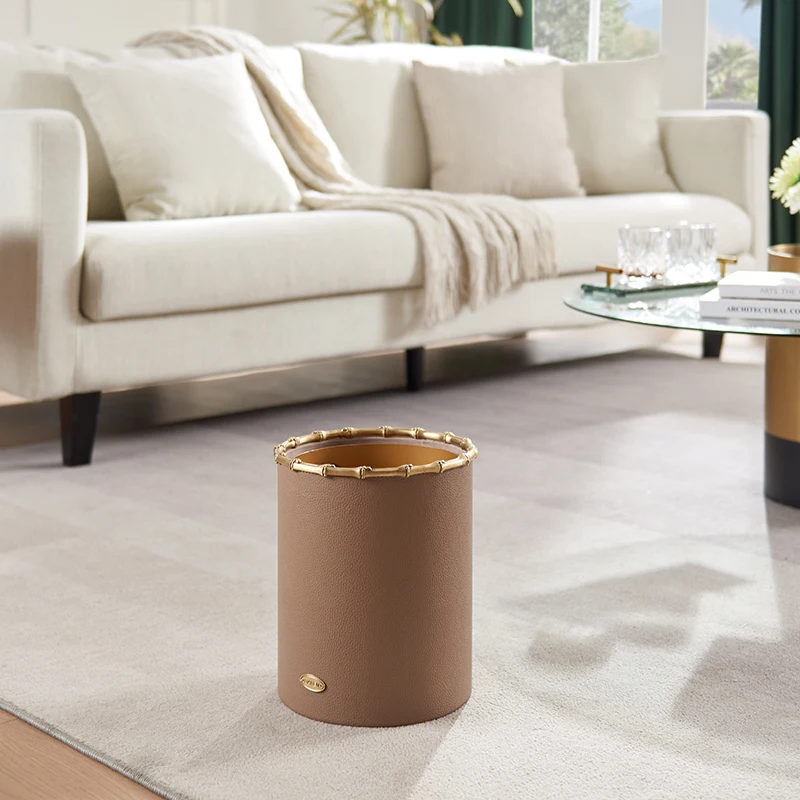 Hotel metal bins custom Luxurious Palace Brass Wastebasket  High-grade leather rubbish bin can be customised with logo