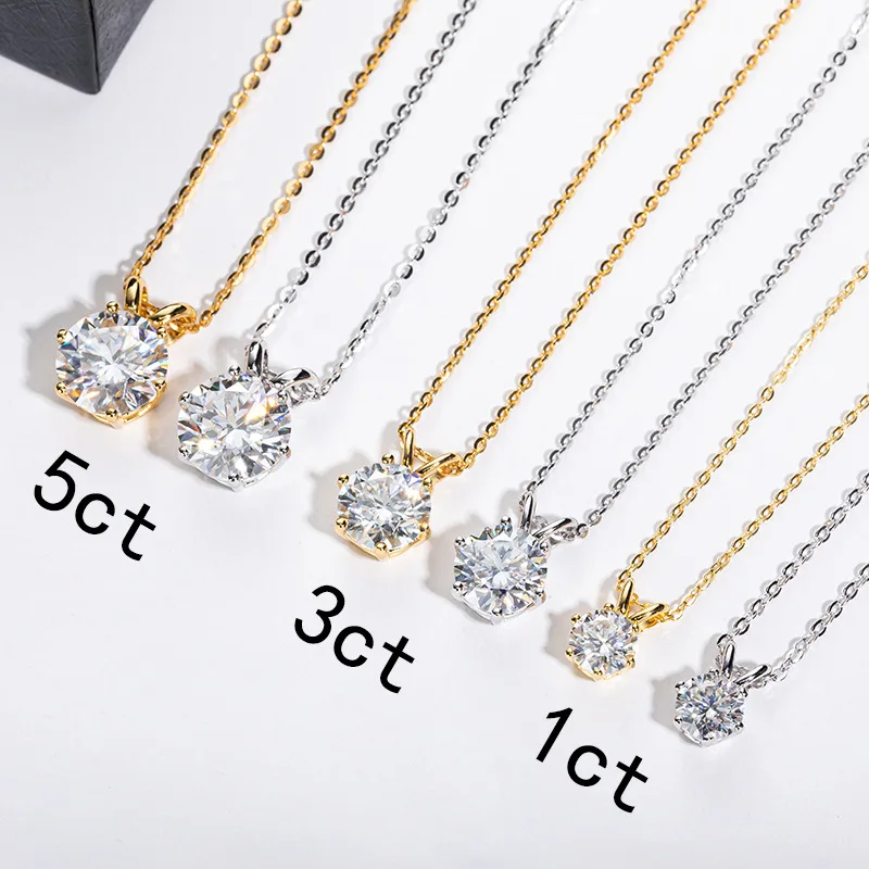 High End Classic 1/3/5 Carat D Color Moissanite Six Claw S925 Silver Plated K Gold Pendant Necklace For Women