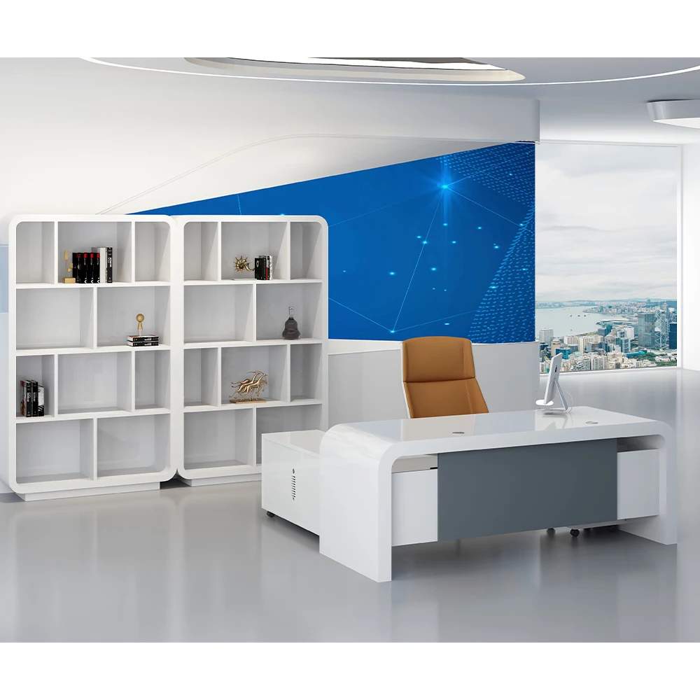 Contemporary Cheap High Gloss For White Color Computer Tables l Shaped Fixed Big Office Desks And Cabinets