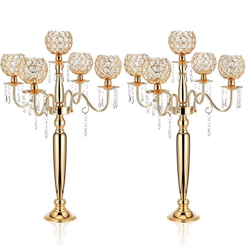 Tall Floor Candle Holders Chandelier Stand Gold 5 Arm Candelabras Centerpieces with Crystal Beaded for Table