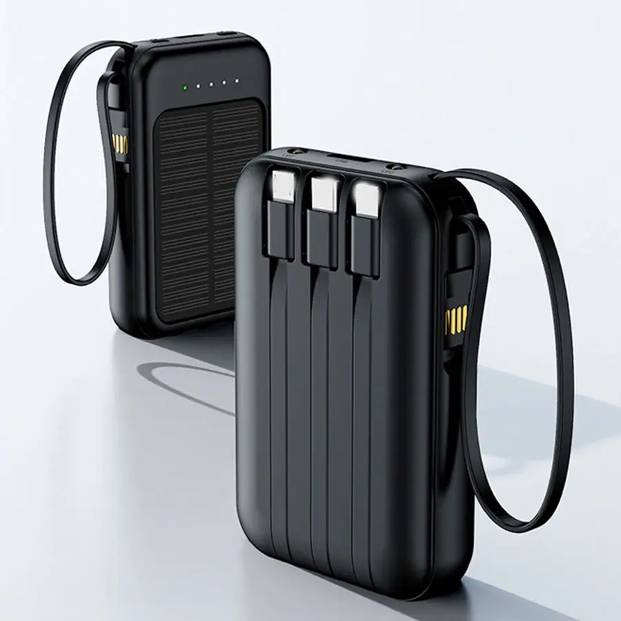 2025 Cheap Wholesale Solar Power Bank Charger Cargador Para Celular Portatil Type C USB Cell Phone Charger with 4 Built-in Cable