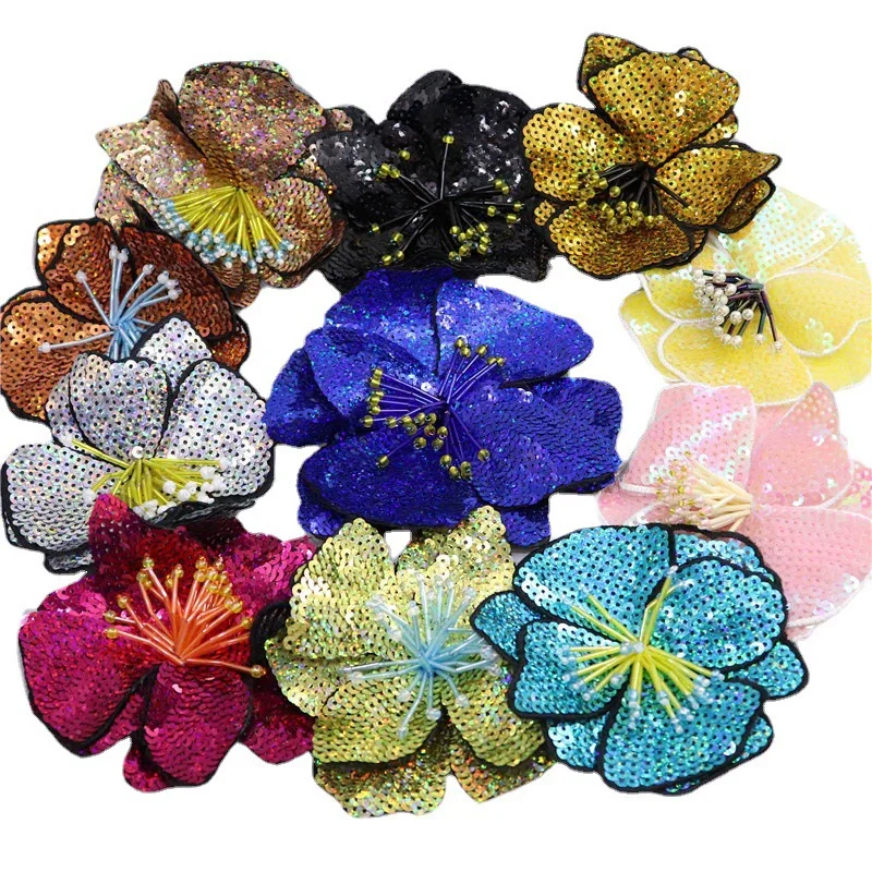 Fashion design 3D sequin flower sew-on applique mulit-layer handmade beading floral patches for women garment