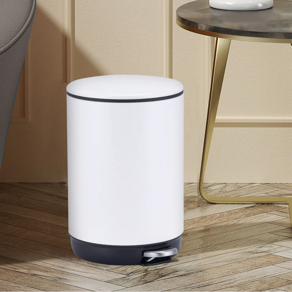 5L Stainless Steel White Colored Metal Bathroom Round Slim Lid Slow Closing Trash Can With Toilet Brush Set Holder