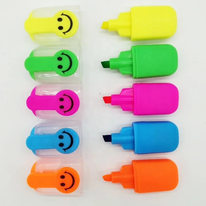 5 in 1 smile face gift colorful highlighter markers pen set with plastic case fluorescent marker highlighters for promotion