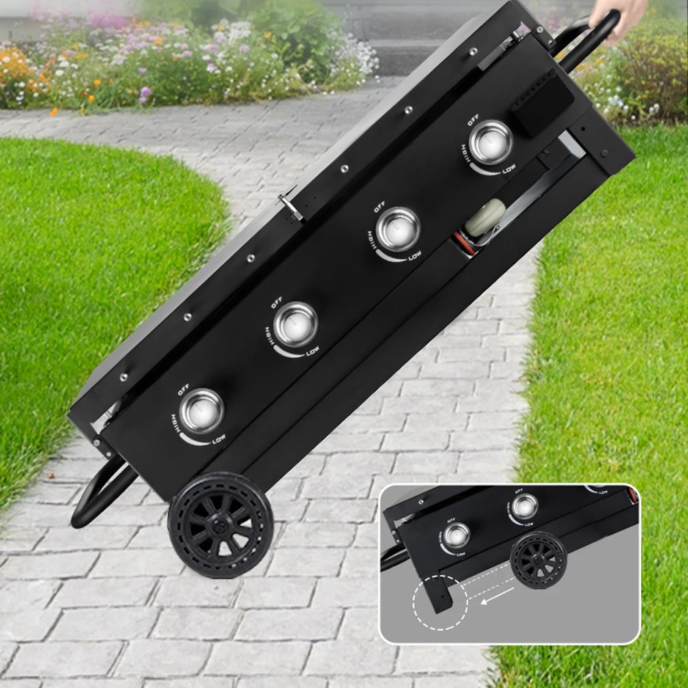 BBQ Movable Outdoor Wheel 4 Burner Fuel Folding Gas Griddle With Storage Rack Flat Tope Grills