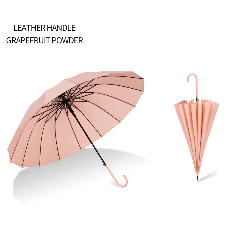  New solid color 16-bone long handle umbrella female automatic with logo printed