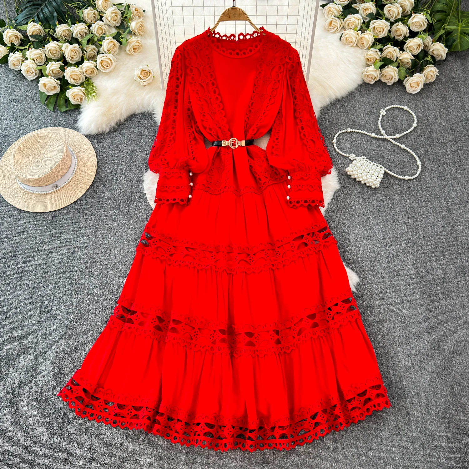 HANOU Court Style Hollow Hook Flower Ladies Dress Female Heavy Industry Patchwork Lace Long Sleeve Women Boutique Maxi Dresses