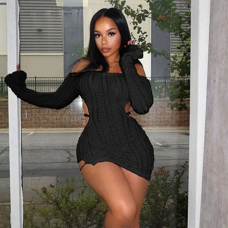 Cut Out Mini Dresses 2023 New Off Shoulder Bodycon Dress Women Sexy Night Club Pink Black Backless Slit Short Dress