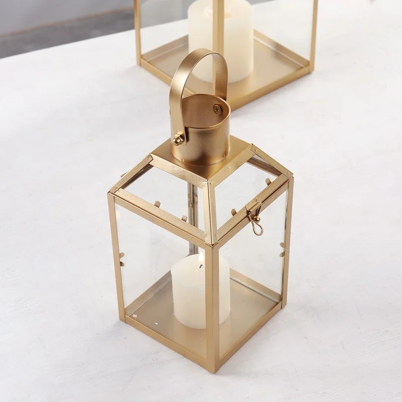 Gold Metal With Glass Candle Lantern for Home Decor Wedding Centerpiece Garden Lantern With Handle Metal Lantern for candle