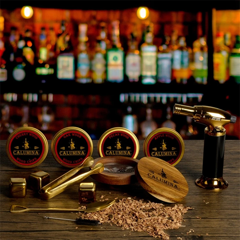 Golden Cocktail Smoker Gin Kit with Torch for Whiskey Bourbon Wine Old Fashioned Meat Coffee Cheese