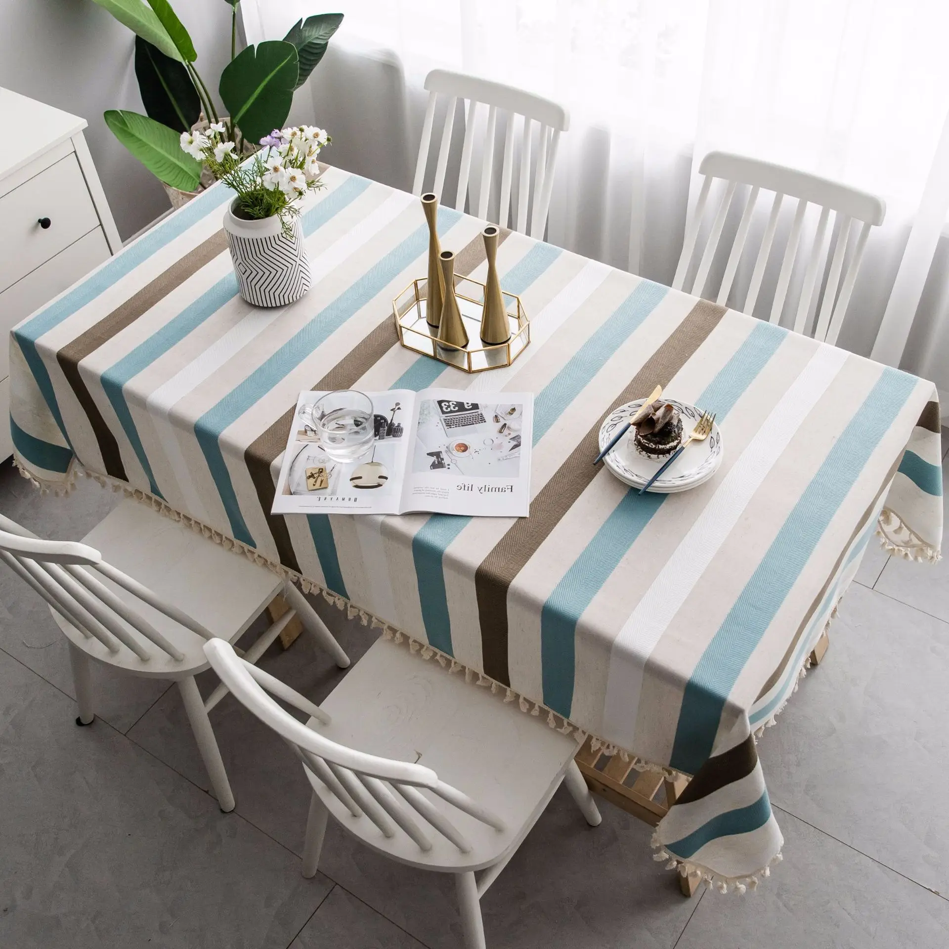 European style stripe tablecloth rectangle tassel stretch cotton linen dinning wedding custom hotel banquet party table cloth