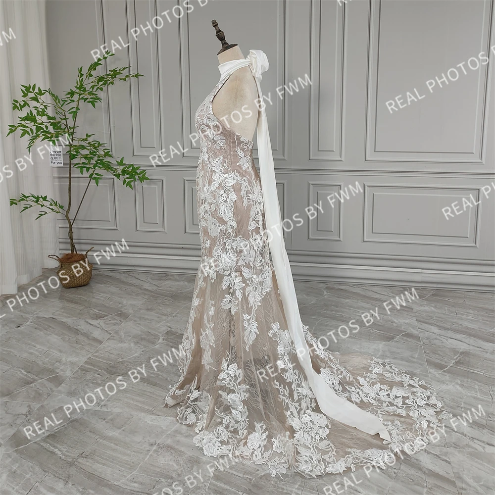 100% Real Photos High Quality Halter Sequined Lace Mermaid Wedding Dress Elegant Women Bridal Gown Bride Dress For Wedding 2024