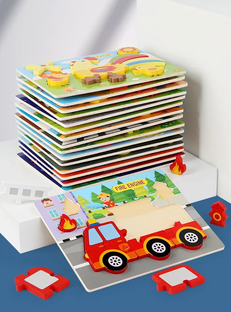 Montessori Wooden Cartoon Animal Dinosaur 3D Jigsaw Puzzle Toys Baby Educational Learning Puzzles For Kids