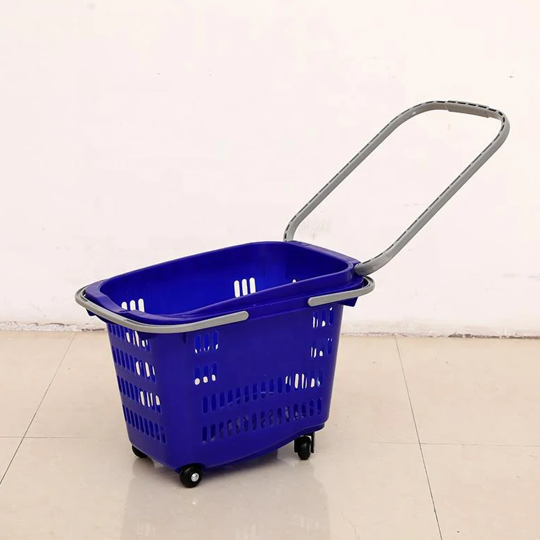 New Selling Supermarket Trolley Blue Plastic Shopping Basket With Rolling Wheels