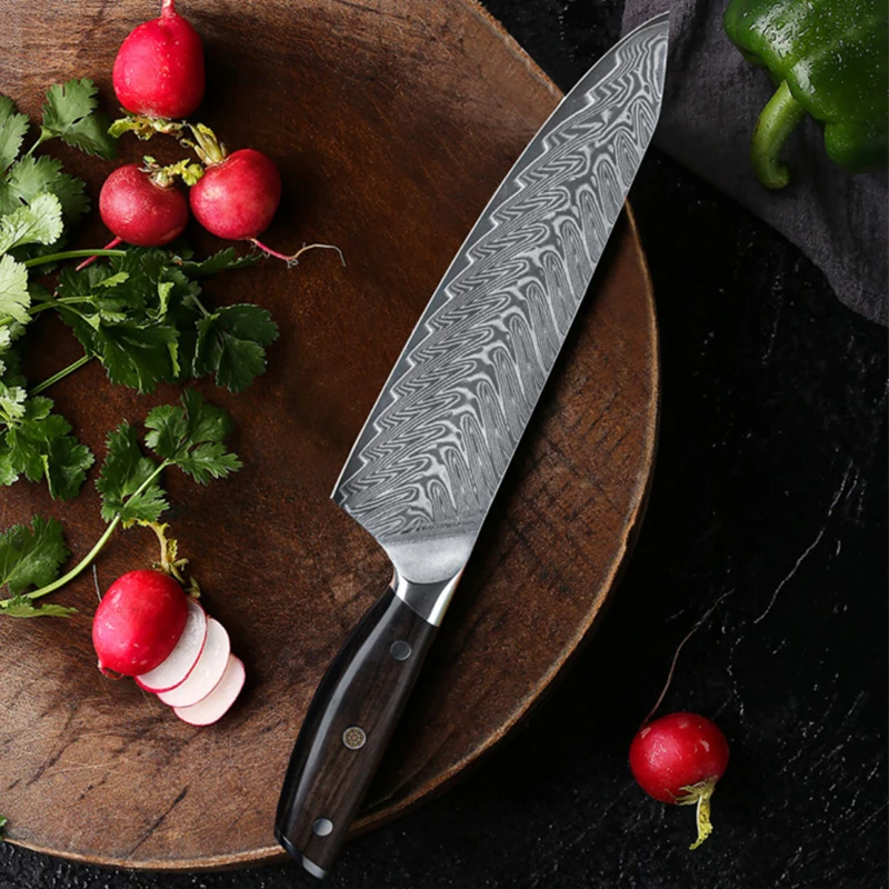 High Quality 8 Inch VG10 Damascus Steel Chef Knife with Ebony Wood Handle Carbon Steel Kitchen Knife