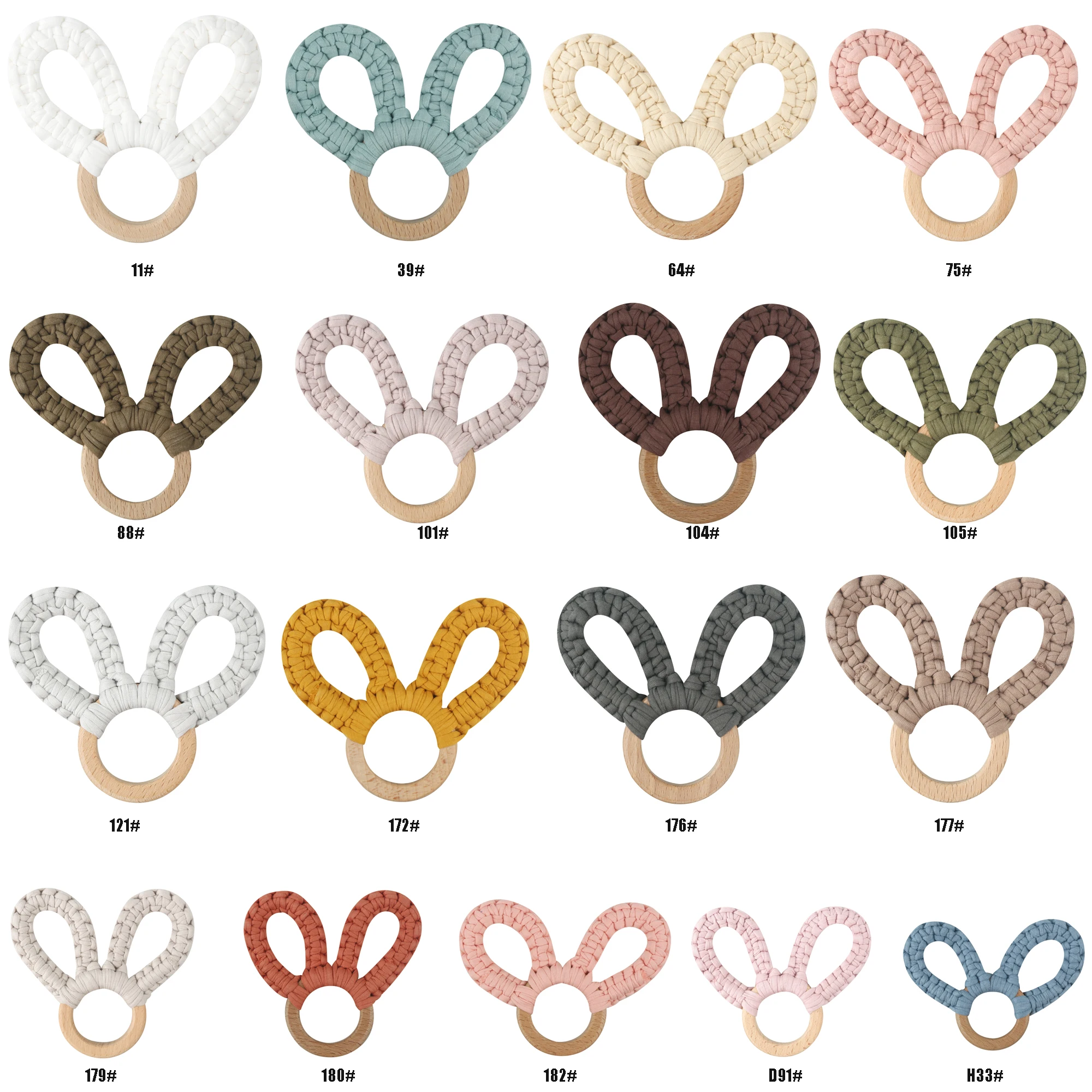 Hot Sale Handmade Natural Wooden Baby Chewing Toys Cotton Crochet Cute Bunny Teething Ring Teether Rattle Toy